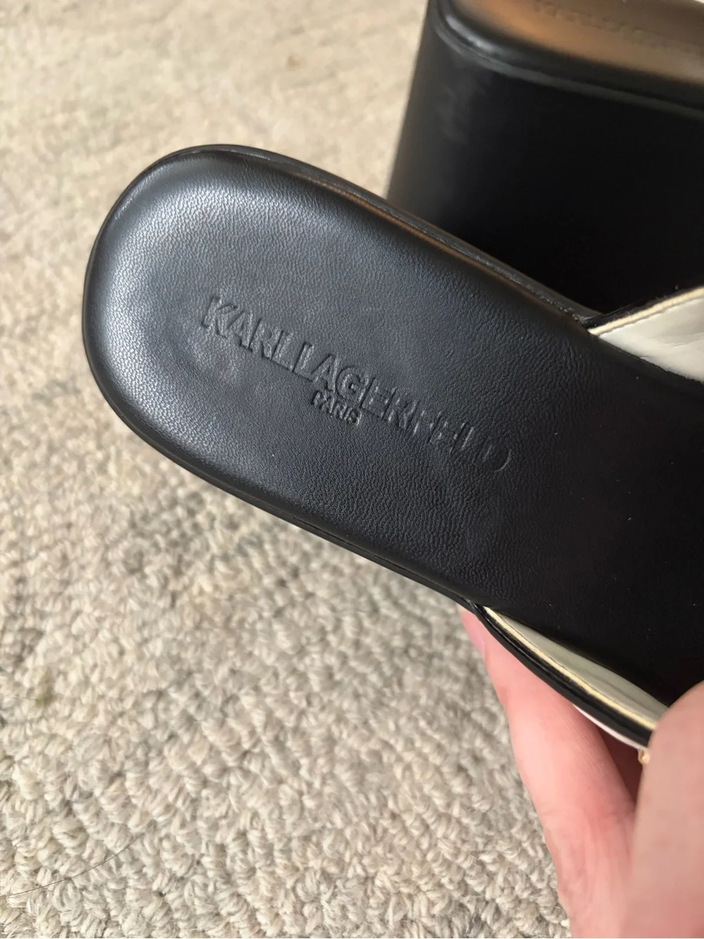 Karl Lagerfeld Paris Platform Wedge Slide Sandals Black White Size 7.5
